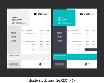 Modelos de fatura comercial modernos e minimalistas. Opções de azul e cinza. Design vetorial para faturamento, contabilidade e documentos financeiros eficientes. Ideal para empresas profissionais e freelancers.