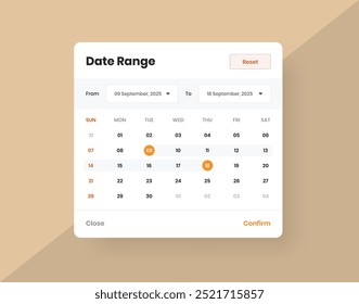 Calendario minimalista moderno o selector de rango de fecha Web y elemento de ui móvil