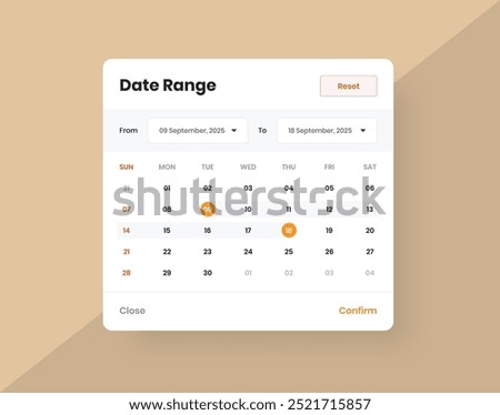 Modern minimalist calendar or date range selector web and mobile ui element