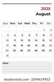 Modern Minimalist Calendar Template August for 2025 in Vector Format
