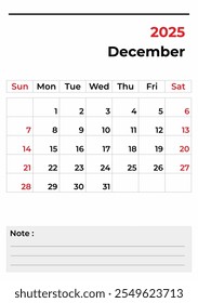 Modelo de calendário minimalista moderno dezembro para 2025 em formato vetor