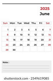Modern Minimalist Calendar Template June for 2025 in Vector Format