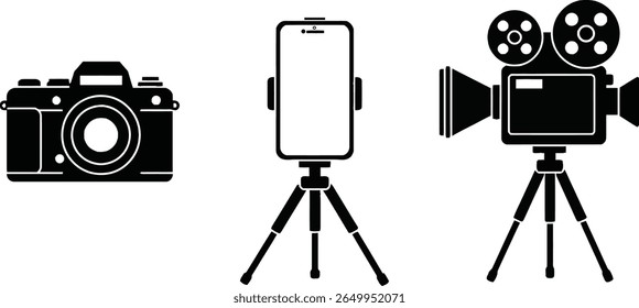 Modern Minimalist Camera, Smartphone, and Action Cam on Tripods: Black and White Icon Set