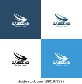 A modern minimalist canoeing logo featuring a stylized canoe and paddle in blue tones designed for water sports branding and recreation organizations.