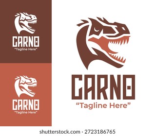 Un moderno logotipo minimalista de carnotaurus creado para marcas profesionales y proyectos visuales con temática de dinosaurios.