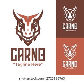 Un moderno logotipo minimalista de carnotaurus diseñado para una marca agresiva, estudios creativos y sistemas de identidad prehistóricos.