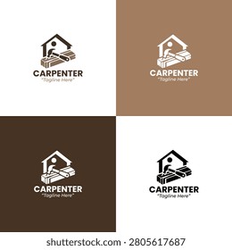 A modern minimalist carpenter logo featuring wood, hammer, and nail elements in brown tones crafted for profession branding and woodworking services.