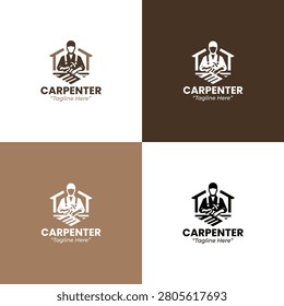 A modern minimalist carpenter logo featuring a worker and wood materials in brown tones developed for profession branding and woodworking businesses.