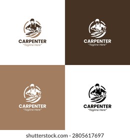 A modern minimalist carpenter logo featuring a craftsman and wooden materials in light and dark brown tones designed for profession branding and woodworking identity.