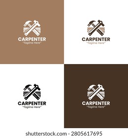 A modern minimalist carpenter logo with hammer, nail, and wood graphics in brown shades designed for profession branding and construction identity systems.