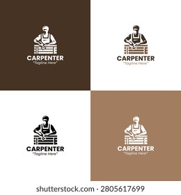 A modern minimalist carpenter logo showing a craftsman with wood materials in brown tones created for profession branding and construction businesses.