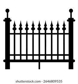 Modern minimalist cast iron fence, geometric pattern, modular steel railing, isolated on white background, clean design, black silhouette.