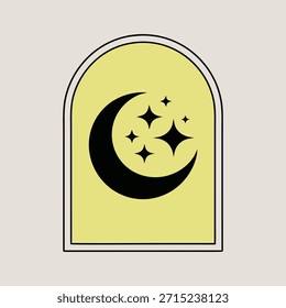 Modern minimalist celestial design featuring a crescent moon and stars