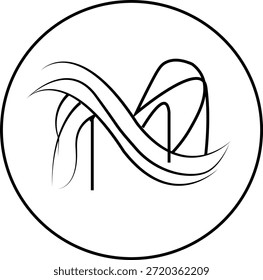Ein modernes, minimalistisches Rundlogo mit fließender, abstrakter Linienkunst, die subtil ein stilisiertes "M" bildet. Dieses saubere und professionelle Design steht für Flow, Kreativität und Kontinuität und ist daher ideal für Tech-, Wellness- oder kreative Marken."
