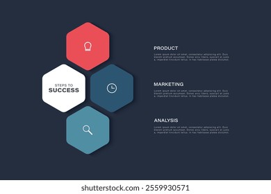 Modern minimalist circular polygon 3 steps editable infographic design template