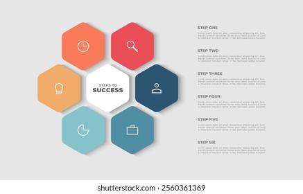 Modern minimalist circular polygon 6 steps editable infographic design template