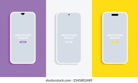 Maqueta de Smartphone de arcilla minimalista moderna sobre fondo púrpura, gris y amarillo. Diseño de Vector