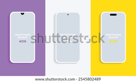 Modern Minimalist Clay Smartphone Mockup on Purple, Gray, and Yellow Background. Vector Design