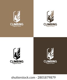 A modern minimalist climbing logo featuring a climber using a rope on a mountain cliff in brown tones created for outdoor sports branding and athletic identity systems.