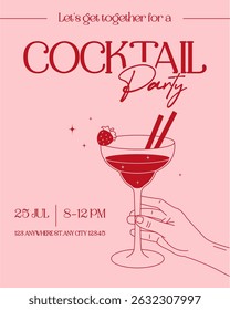 Modern minimalist cocktail party invitation in pink tones with a hand holding a drink. Elegant and festive design for summer events, birthdays, or celebrations.