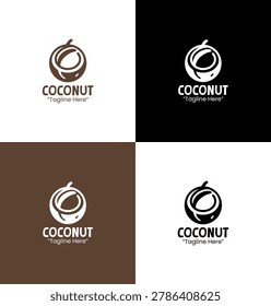 A modern minimalist coconut logo in dark brown tones with combined flat and lineart visuals suitable for healthy branding and fresh identity applications