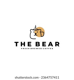 Modern minimalist coffee cafe logo vector. illustration of a bear head combined with a coffee cup in line art style. Vector illustration. Elegant logo