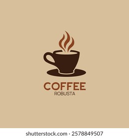 A modern and minimalist coffee logo design featuring a steaming cup of coffee on a saucer, set against a warm beige background. Perfect for coffee shops, cafes, coffee brands, and related businesses. 