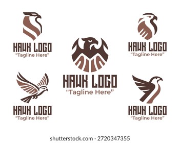 Eine moderne minimalistische Kollektion von 5 Hawk-Logo-Designs mit Vogel-of-Prey-Themen für Marken- und Identitätsprojekte.