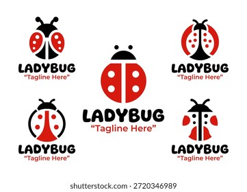 Uma coleção minimalista moderna de 5 designs de logotipo joaninha com temas amigáveis de insetos para marcas e identidades criativas.