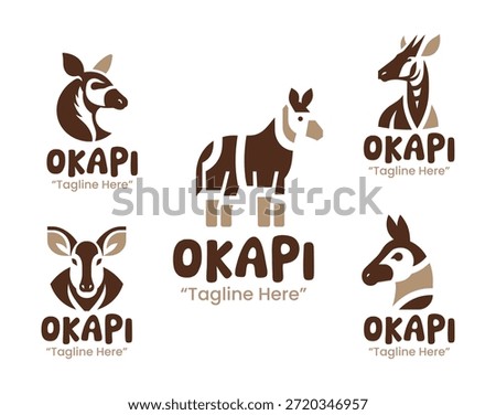 A modern minimalist collection of 5 okapi logo designs featuring rare forest wildlife for distinctive branding identities.