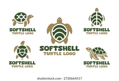 Uma coleção minimalista moderna de 5 designs de logotipo de tartaruga de concha suave com temas de vida selvagem de répteis de água doce para projetos de marca e identidade.