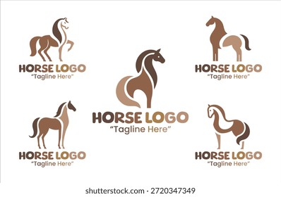 Uma coleção minimalista moderna de 5 desenhos de logotipo de cavalo de pé com temas equestres e animais de fazenda para projetos de marca e identidade.