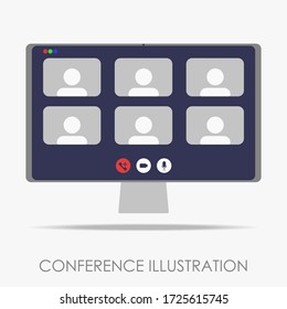 Modern minimalist conference flat illustation for UI with signs and symbols, computer screen with silhouettes. Eps 10 vector