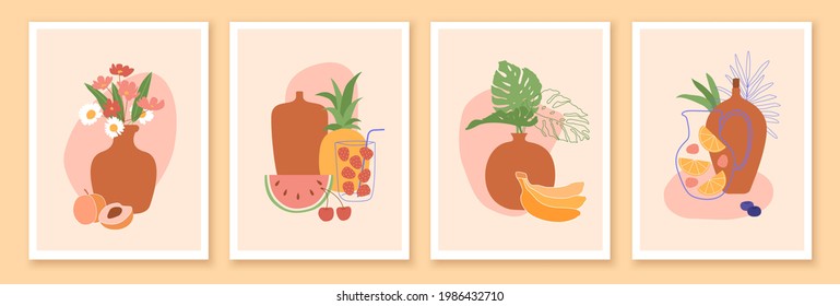 Modern minimalist contempporary art summer composition. Floral, foliage, fruits, berries, pots line art design with absstract shapes. Minimal flat style. Elements for wall art, magazine, book cover.