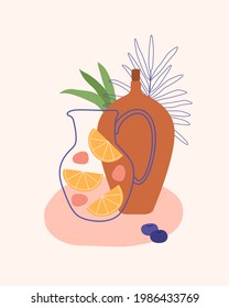 Modern minimalist contempporary art summer composition. Floral, foliage, fruits, berries, lemons line art design with abstract shapes. Minimal flat style. Elements for wall art, magazine, book cover.