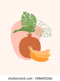 Modern minimalist contempporary art summer composition. Monstera leaves, banannas, pot line art design with absstract shapes. Minimal flat style. Elements for wall art, magazine, book cover.