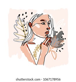 Modern minimalist continuos line female portrait. Trendy abstract illustration. Vector colored art. Woman face. jungle plants Branding, logo, icon, blog, social media feed, card, decor, clothing