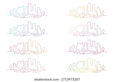 A modern minimalist continuous line drawing featuring multiple colorful gradient cityscapes with buildings trees and a wavy river or road element ideal for urban design concepts