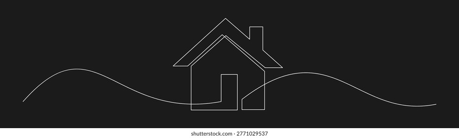 A modern, minimalist continuous line drawing depicts a simplified house icon with a prominent chimney, seamlessly integrated into a single stroke against a stark black background. This elegant and abstract graphic is ideal for real estate branding, home services, architectural concepts, or any design project requiring a clean and sophisticated representation of property and dwelling.