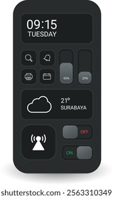 A modern and minimalist control center interface featuring widgets for time, weather, notifications, and toggles for quick settings