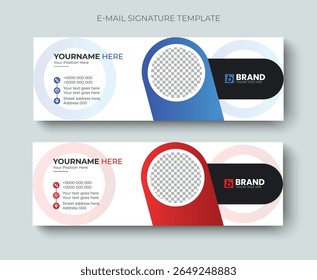 Modelo de vetor de design moderno e minimalista de assinatura de e-mail corporativo ou rodapé de e-mail. Assinatura de e-mail empresarial profissional, cabeçalho, capa de mídia social, design de banner com cor azul e vermelha.