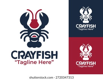 Un moderno diseño minimalista de logotipo de cangrejo de río creado para marcas de agua dulce, empresas de alimentos y uso de identidad acuática.