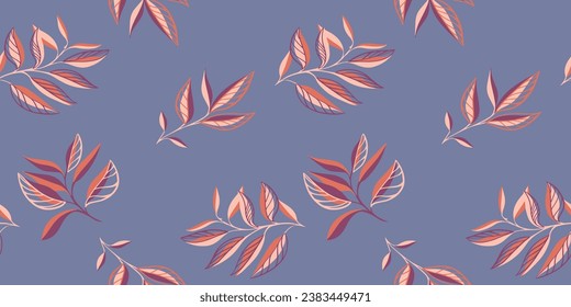 Modern minimalist creative abstract leaves stem seamless pattern. Vector hand drawn sketch leaf on a blue background print. Template for design, textile, fashion, surface design, fabric, wallpaper