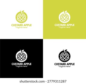 A modern minimalist custard apple logo featuring lime green flat fruit visuals designed for healthy branding and fresh business identity use