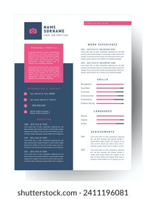 modern minimalist CV template design with blue and pink colors, curriculum vitae