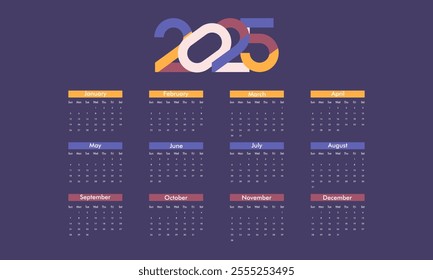 Modern Minimalist Design of 2025 Calendar. Colorful Design for Desk Calendar Template