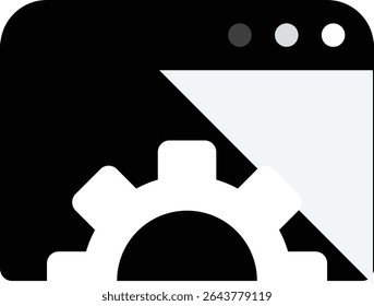 A modern, minimalist design depicting a gear inside a browser window, symbolizing website settings, configuration, or technical support.  The image uses a bold black and white color scheme.