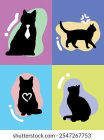 Diseño minimalista moderno con cuatro siluetas de gato en estilo pop art con colores de fondo vibrantes. Perfecto para negocios de mascotas, clínicas veterinarias, cafeterías para gatos y redes sociales. l