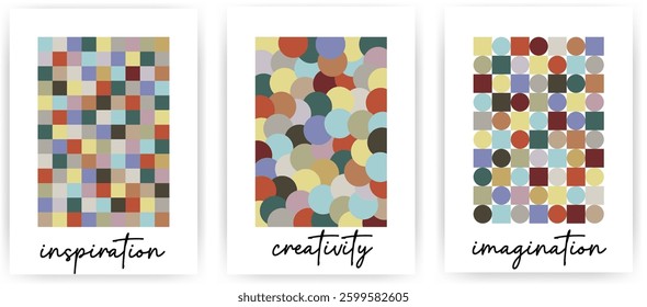 Modern minimalist design poster background vector set. Trendy cover template with simple geometric shapes and interesting color combinations. Ideal design for social media, banner, card, interior.