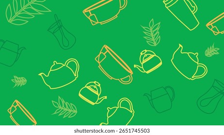Design minimalista moderno de xícaras de chá, chaleiras e folhas verdes em um fundo sólido. Ideal para chá natural e visuais relacionados ao bem-estar.